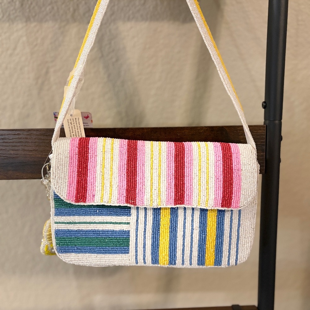 On Sale Handcrafted in India Colorful Striped Beaded Shoulder Bag W/ Charm NWT